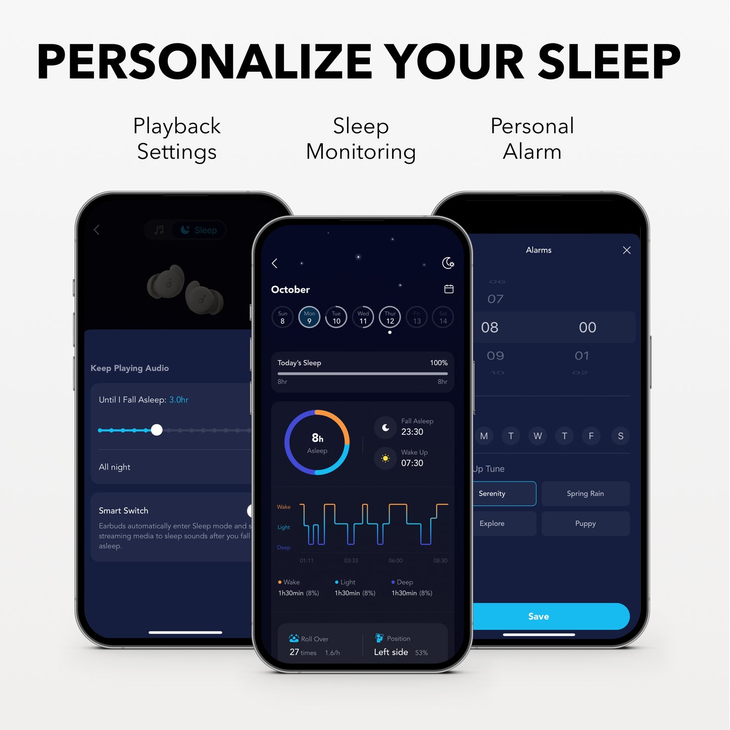 soundcore app with sleep monitoring for playback and alarms