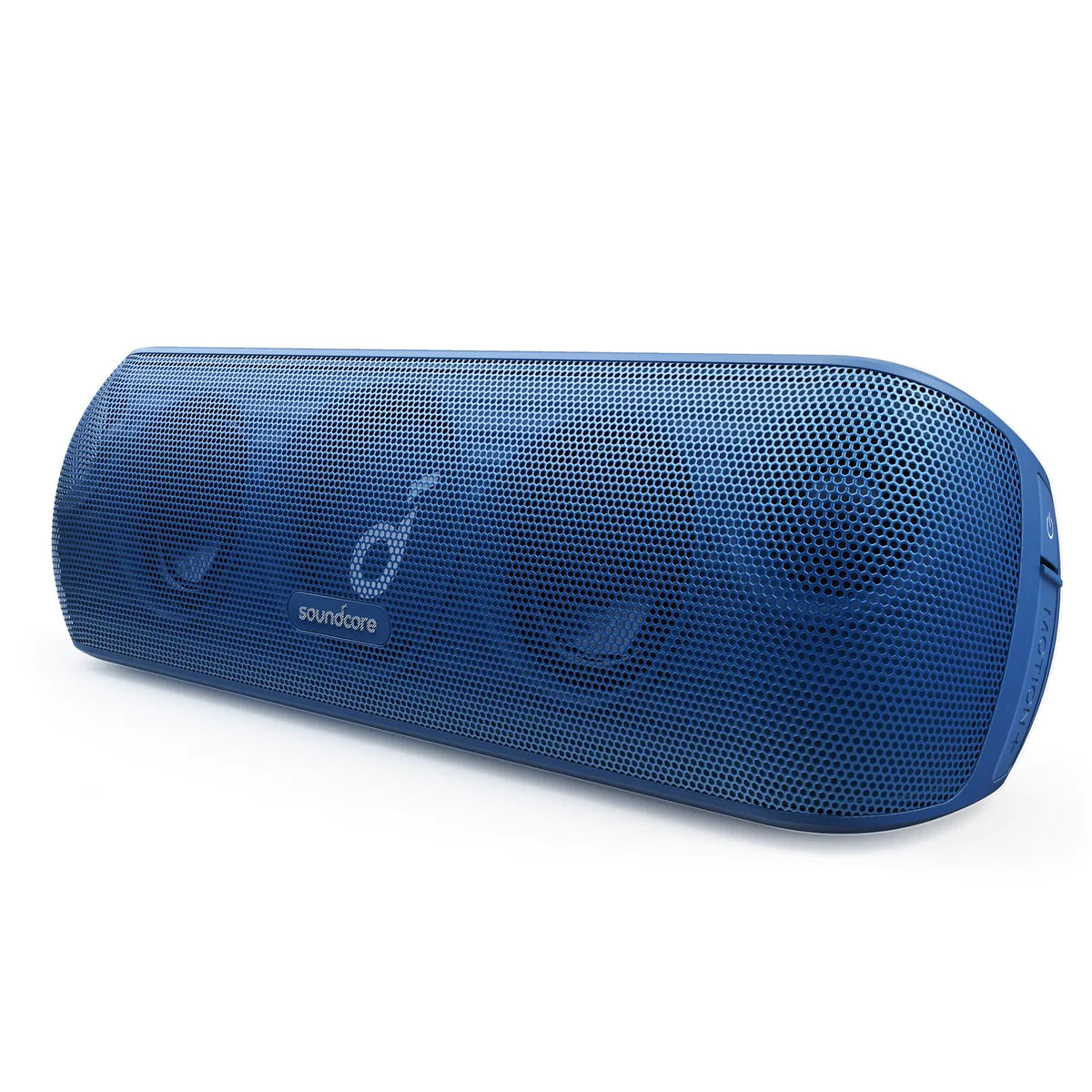 soundcore blue speaker with curved mesh grille