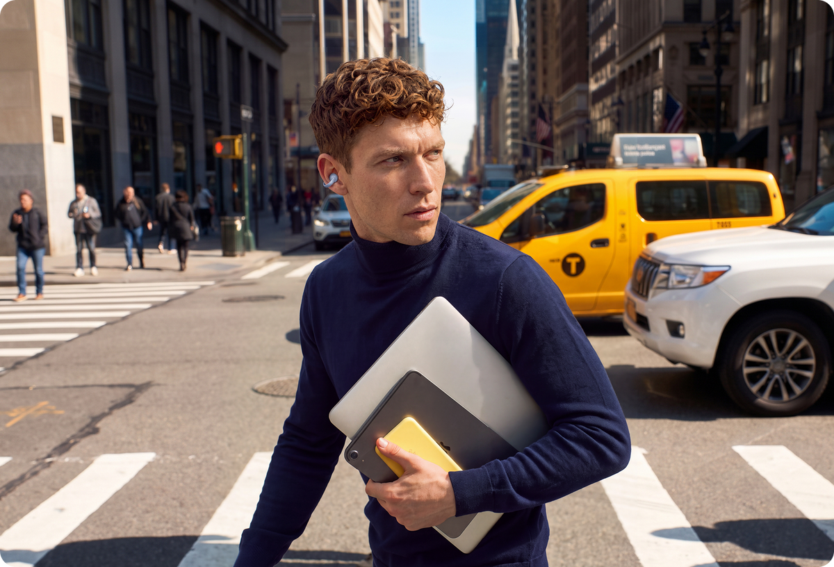 Man wearing soundcore AeroClip 2 earbuds while commuting on a busy city street