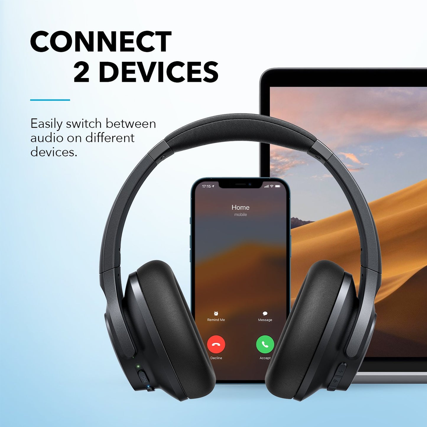 soundcore headphones with dual device connectivity and laptop