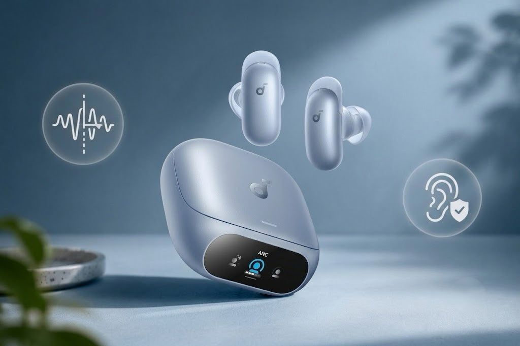 Pearl Blue Soundcore noise-cancelling earbuds and charging case with ANC display.