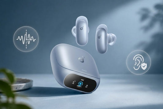 Pearl Blue Soundcore noise-cancelling earbuds and charging case with ANC display.