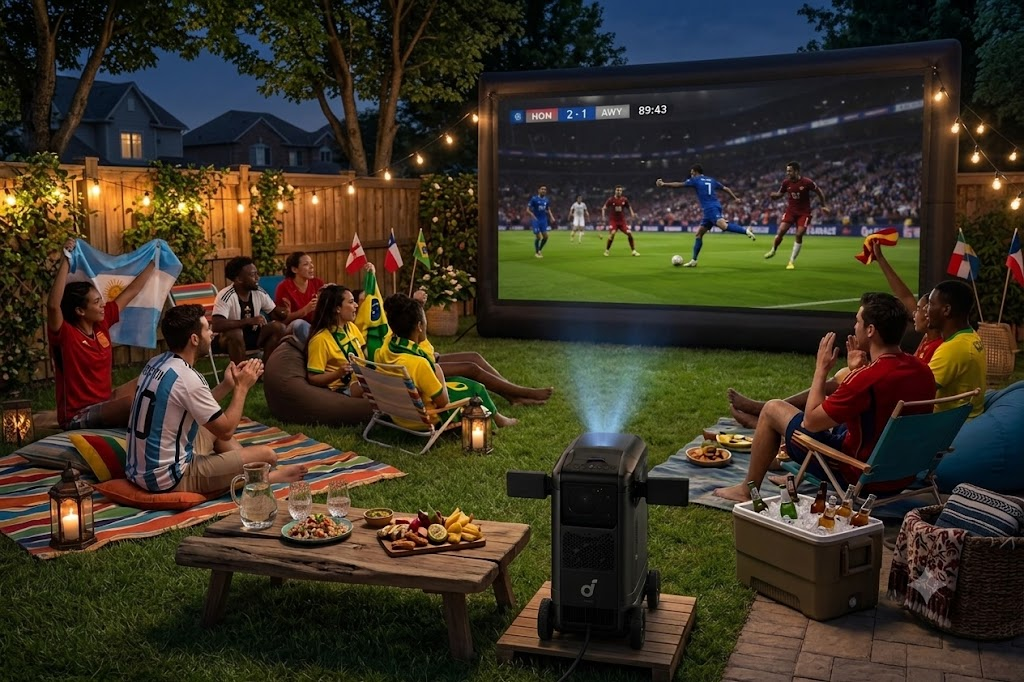 Friends watch a soccer game on an inflatable backyard screen from an outdoor projector at dusk.