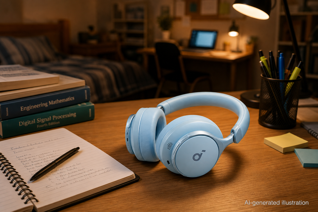 soundcore Space One headphones on a study desk in a dorm room