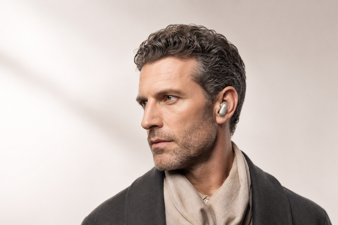 Man wearing Liberty 5 Pro Max Noise Cancelling Earbuds