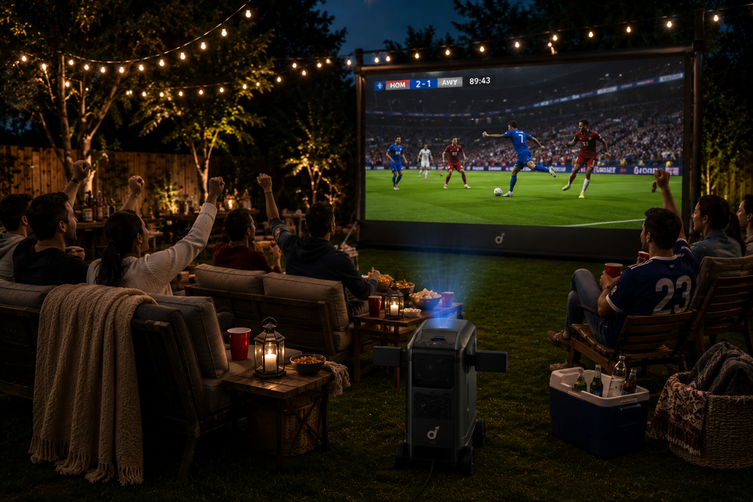 Friends watching a soccer match outdoors with the soundcore Nebula X1 projector