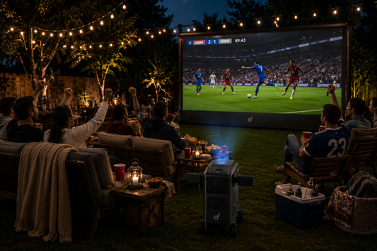 Friends watching a soccer match outdoors with the soundcore Nebula X1 projector