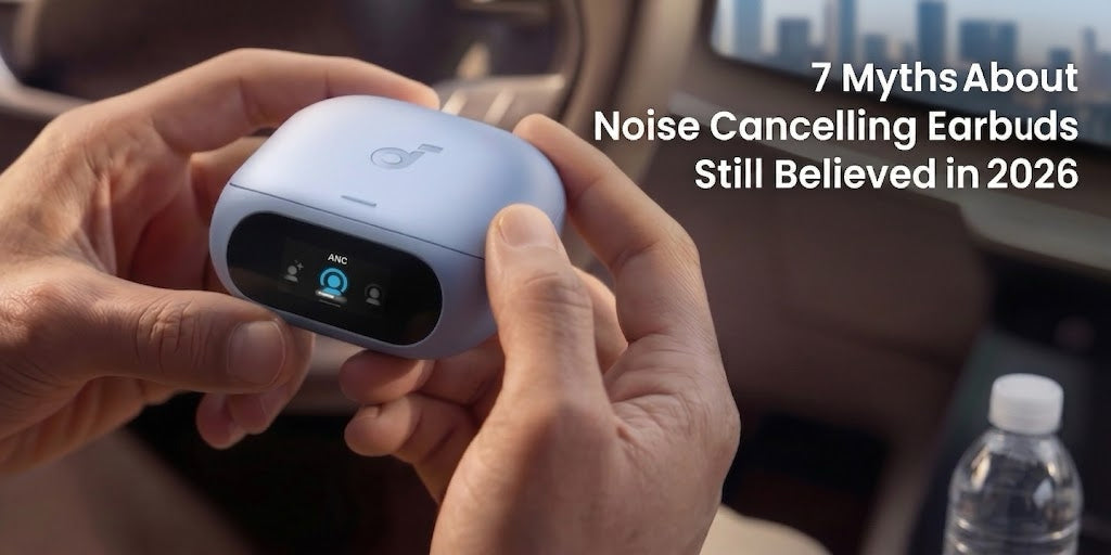 soundcore ANC earbuds case with text: 7 Myths About Noise Cancelling Earbuds Still Believed in 2026.