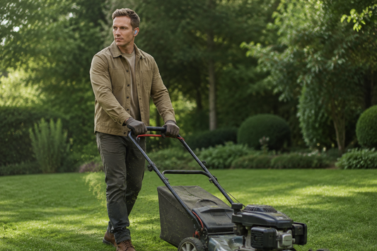 A man in casual outdoor clothes wears earbuds while mowing a grassy lawn