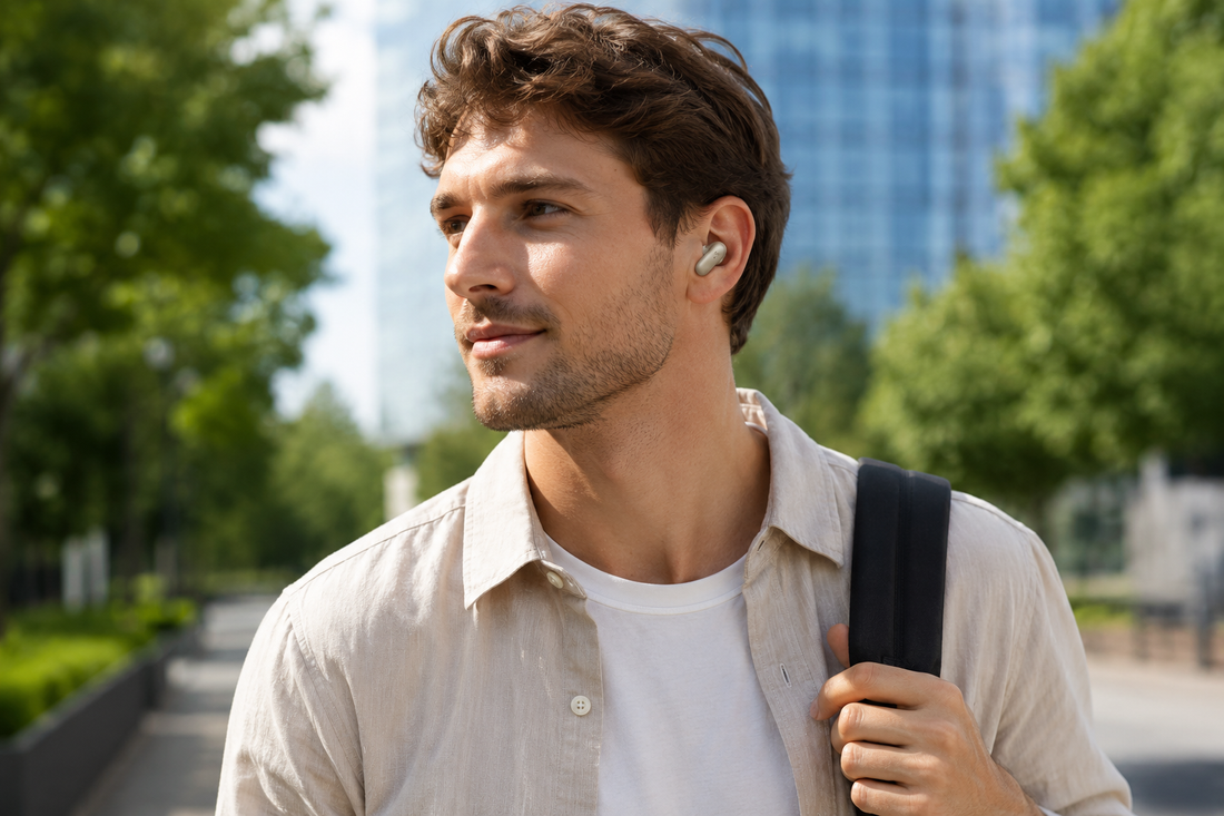 Man walking while wearing wireless earbuds