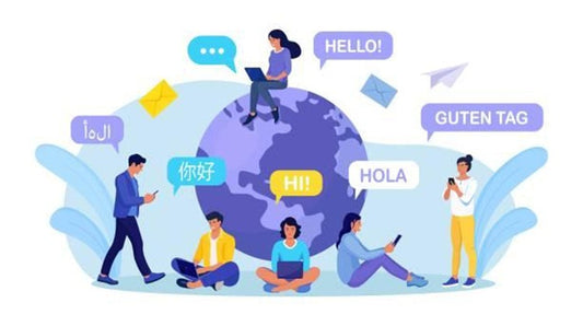 People around a globe exchange greetings in multiple languages via digital translation