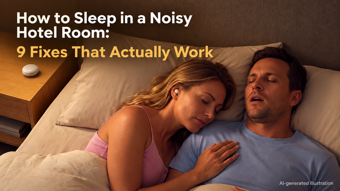 Woman wearing sleep earbuds beside a snoring partner in a noisy hotel room