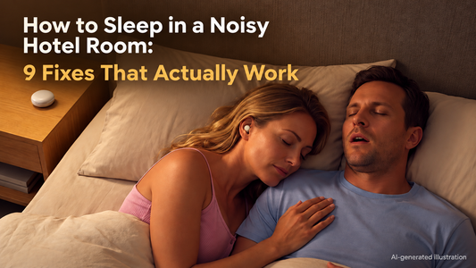 Woman wearing sleep earbuds beside a snoring partner in a noisy hotel room
