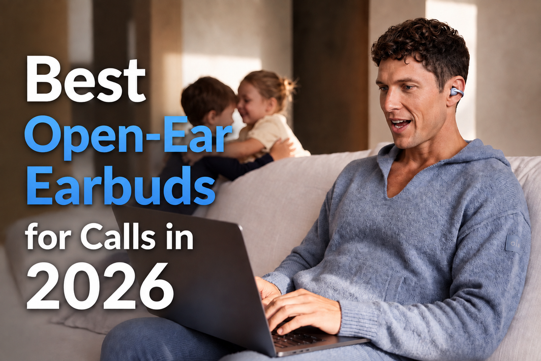 Man using open-ear earbuds for a video call at home