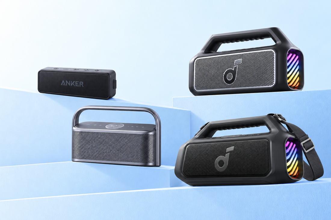 soundcore 2, Motion X600, Boom 2, and Boom 2 Plus displayed on blue platforms