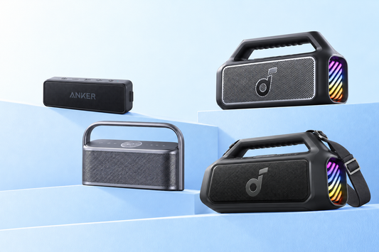 soundcore 2, Motion X600, Boom 2, and Boom 2 Plus displayed on blue platforms