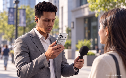 Reporter uses AeroClip 2 and MagGo 2 Pro during an outdoor interview