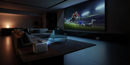Nebula X1S projector displaying a football game in a dark living room