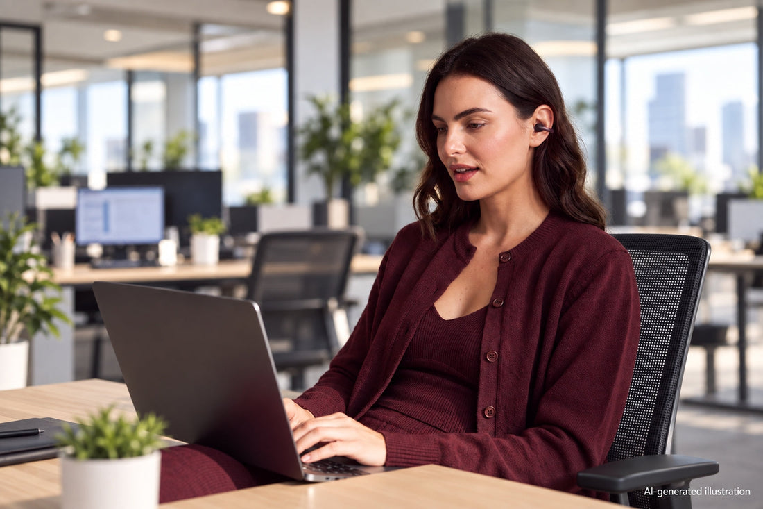 Woman works at an office laptop while wearing soundcore AeroClip 2 open earbuds