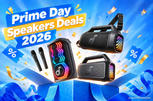 Prime Day 2026 speaker deals banner with soundcore Rave 3S, Boom 2 Plus, and Boom 2