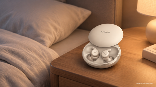 Anker soundcore Sleep Earbuds 4 charging case on a bedside table