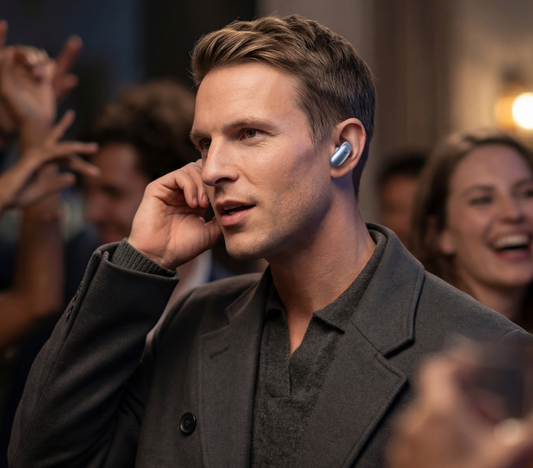 Man wearing Liberty 5 Pro earbuds on a call in a crowded room