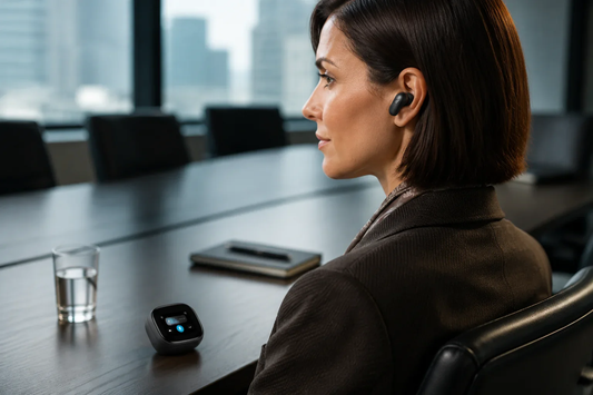 Woman wearing Bluetooth earbuds in a business meeting