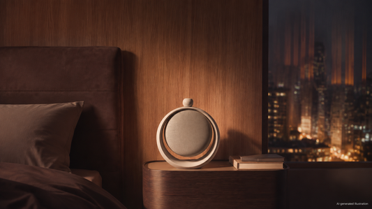 Sleep sound machine on a bedside table in a cozy bedroom