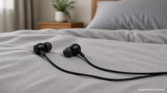 Wired sleep headphones on a bed