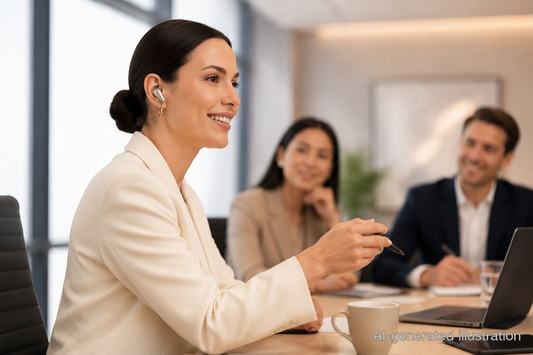 Female model wearing soundcore Liberty 5 Pro Max earbuds during a business meeting