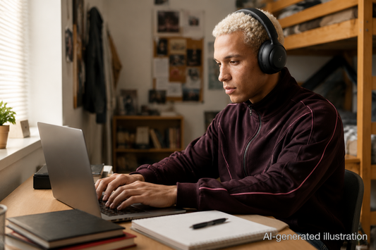 Student wearing soundcore Space 2 headphones for an online class in a dorm room
