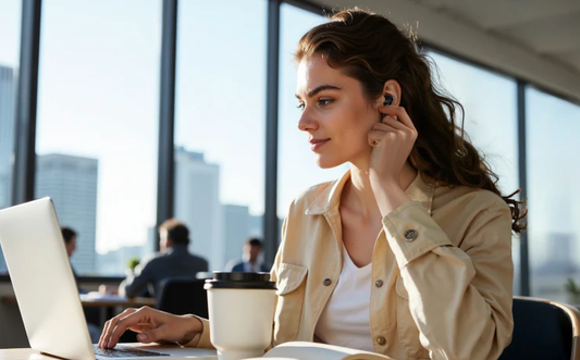 Woman using soundcore Liberty 5 earbuds while studying in a cafe