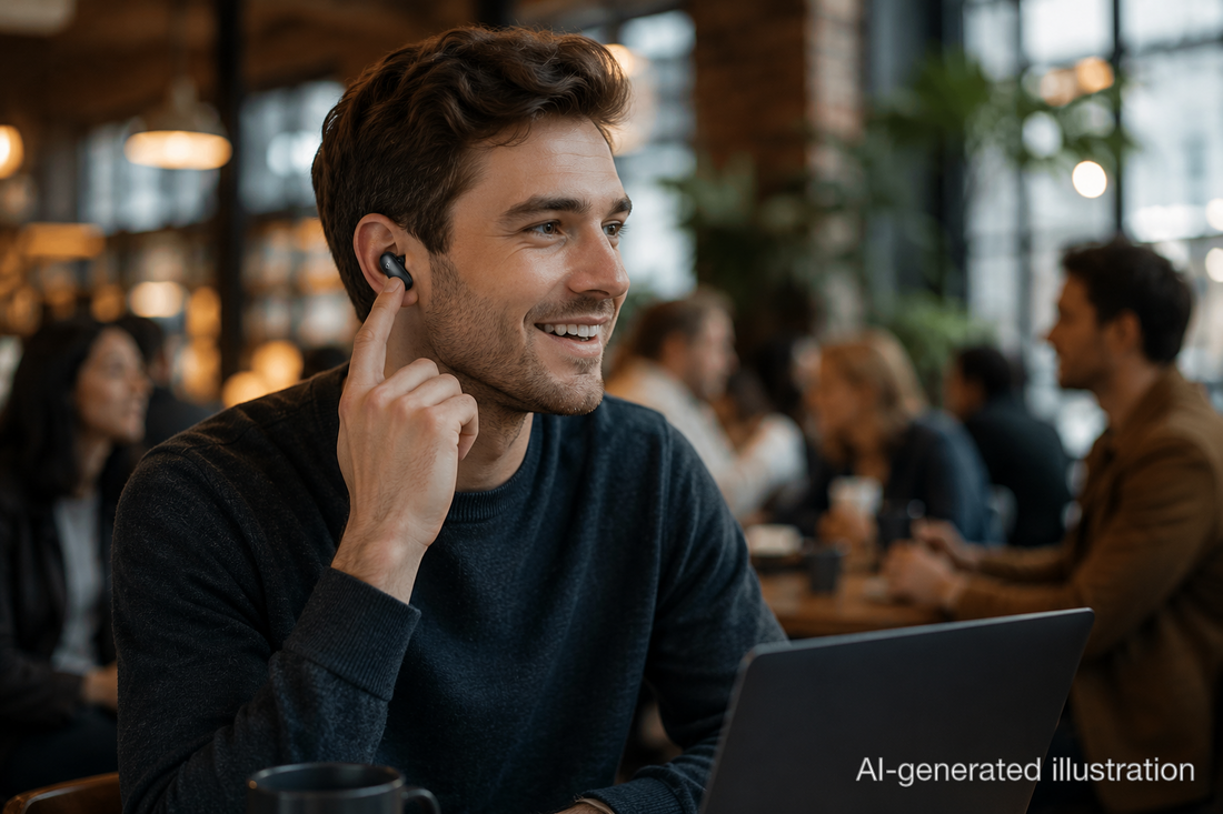 Man using Liberty 5 Pro earbuds in a busy cafe with a laptop