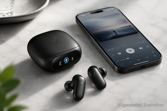 soundcore Liberty 5 Pro earbuds and charging case paired with iPhone for music playback