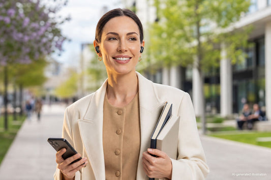Female student wearing Liberty 5 Pro earbuds while walking on campus