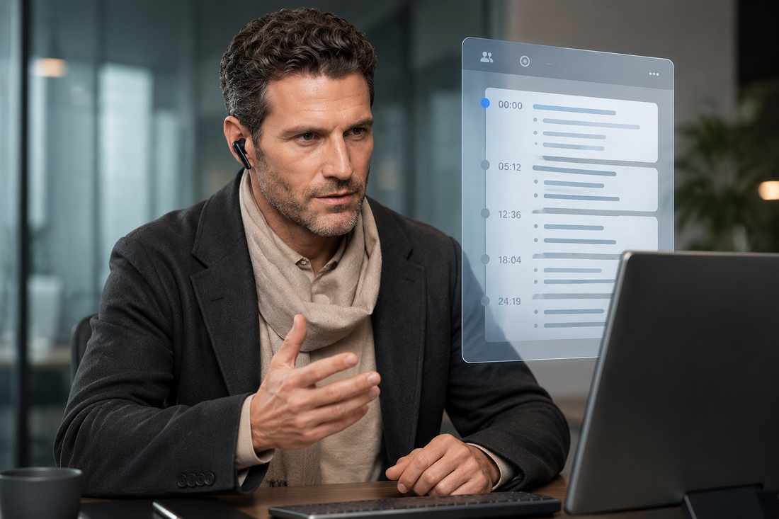 Man using AI note-taker earbuds during meeting.