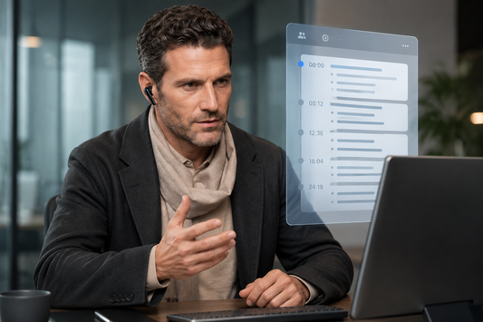 Man using AI note-taker earbuds during meeting.