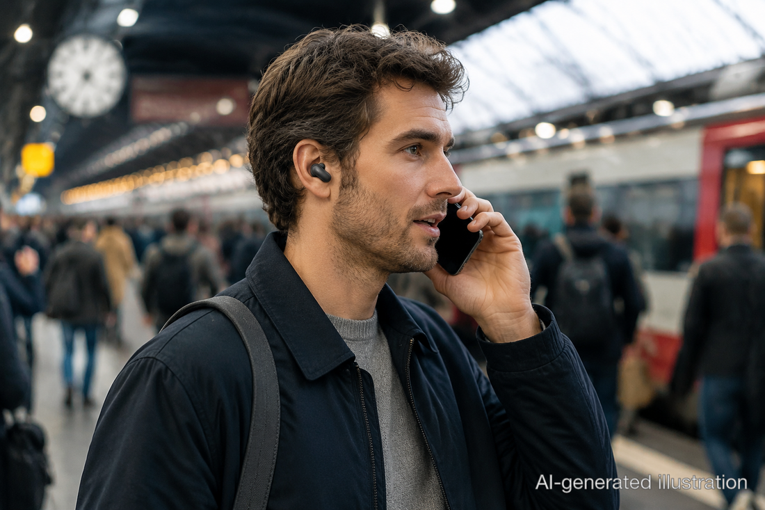 Woman using Liberty 5 Pro earbuds in a crowded subway station