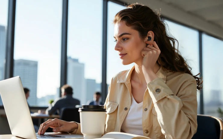 Woman using soundcore Liberty 5 earbuds while working on a laptop