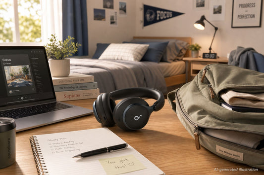 soundcore Space One headphones on a desk with a backpack in a dorm room