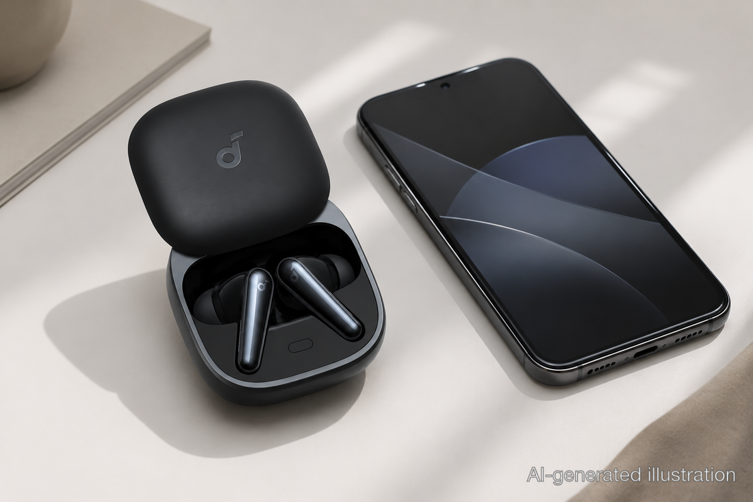 soundcore Liberty 5 earbuds next to Android phone with Google Fast Pair.