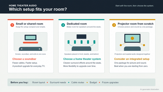 Home theater guide comparing soundbar, surround system, and integrated projector setup