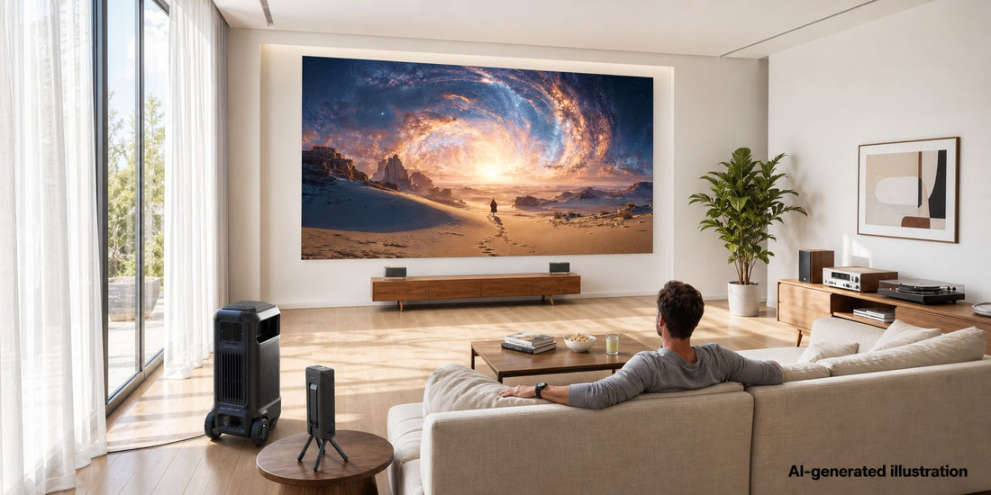 Nebula X1 Pro projector and surround speakers in a bright living room