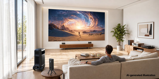Nebula X1 Pro projector and surround speakers in a bright living room
