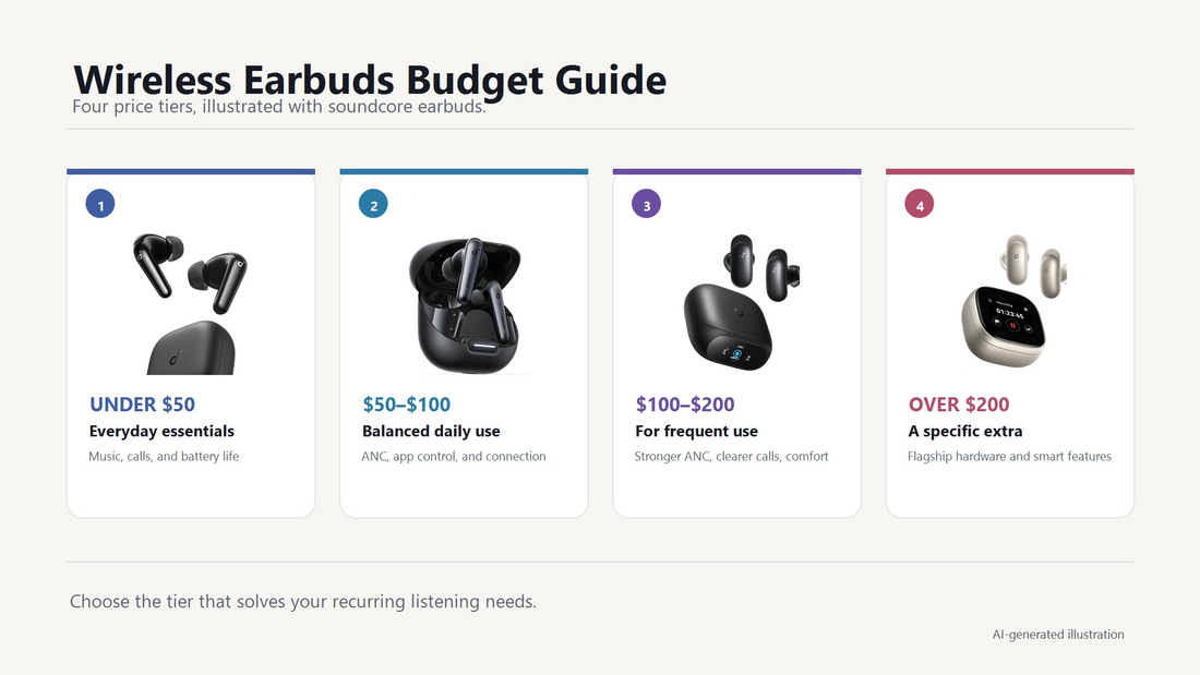 Wireless earbuds budget guide featuring four price tiers with soundcore products