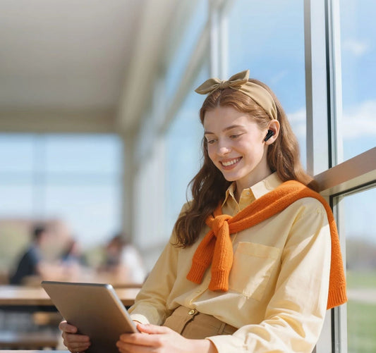 Woman using soundcore P31i earbuds with a tablet indoors