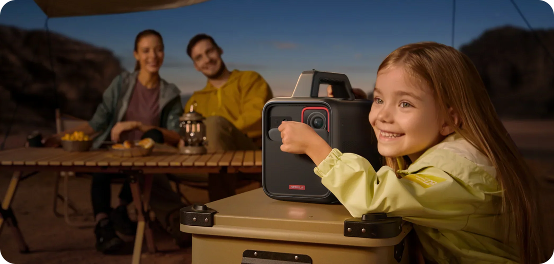 Nebula Mars 3 portable projector used during a family camping trip