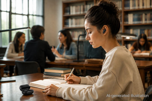 Woman studying in a library with soundcore Liberty 5 Pro earbuds