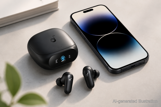 soundcore earbuds and charging case with touch display next to iPhone on grey background