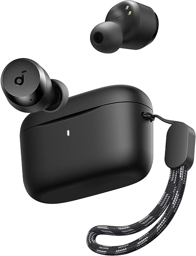 soundcore earbuds with black charging case and strap